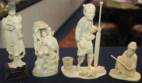 Three Japanese ivory okimono and a Chinese ivory figure, early 20th century, 8.5 - 18cm